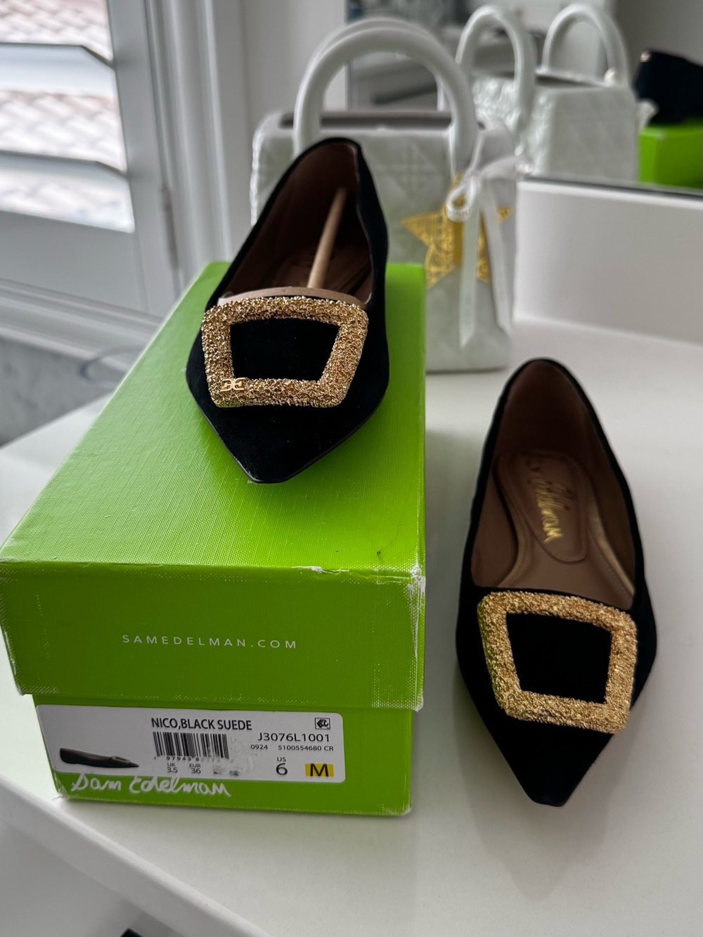 Sam Edelman Black Suede Pointed Flats with Gold Buckle